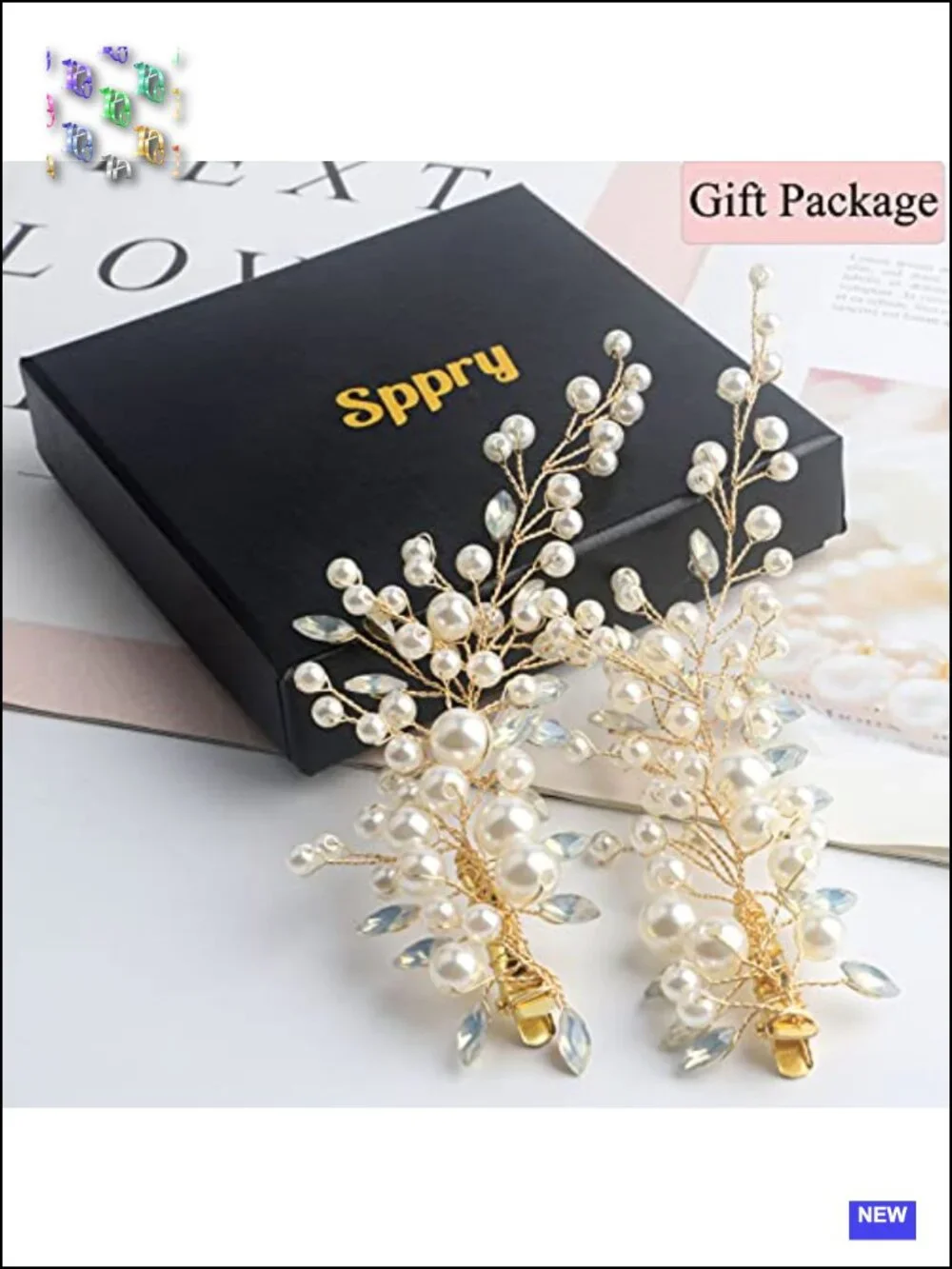 Set of 2 Pearl Rhinestone Alligator Hair Clips - Gold Bendable